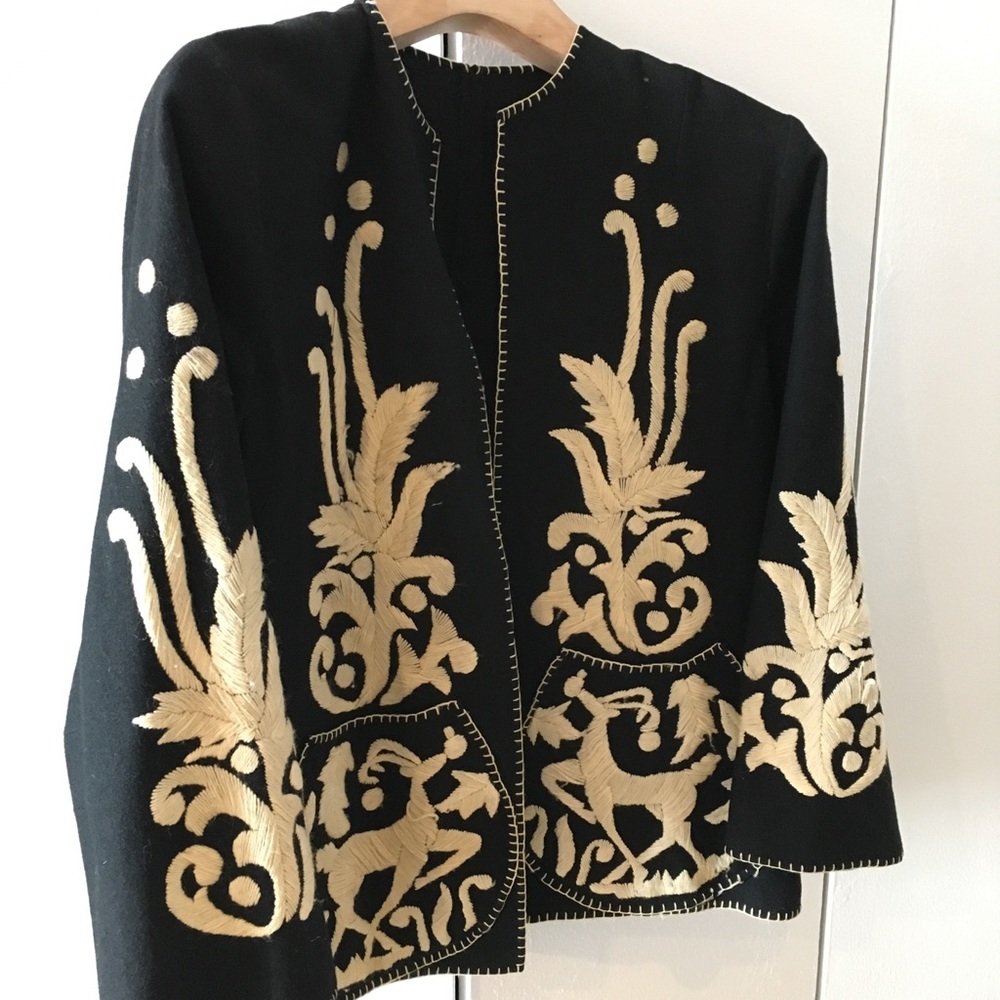 HOLIDAY WINTER embroidered black jacket loose wool deer PONCHO COAT - Picture 3 of 7